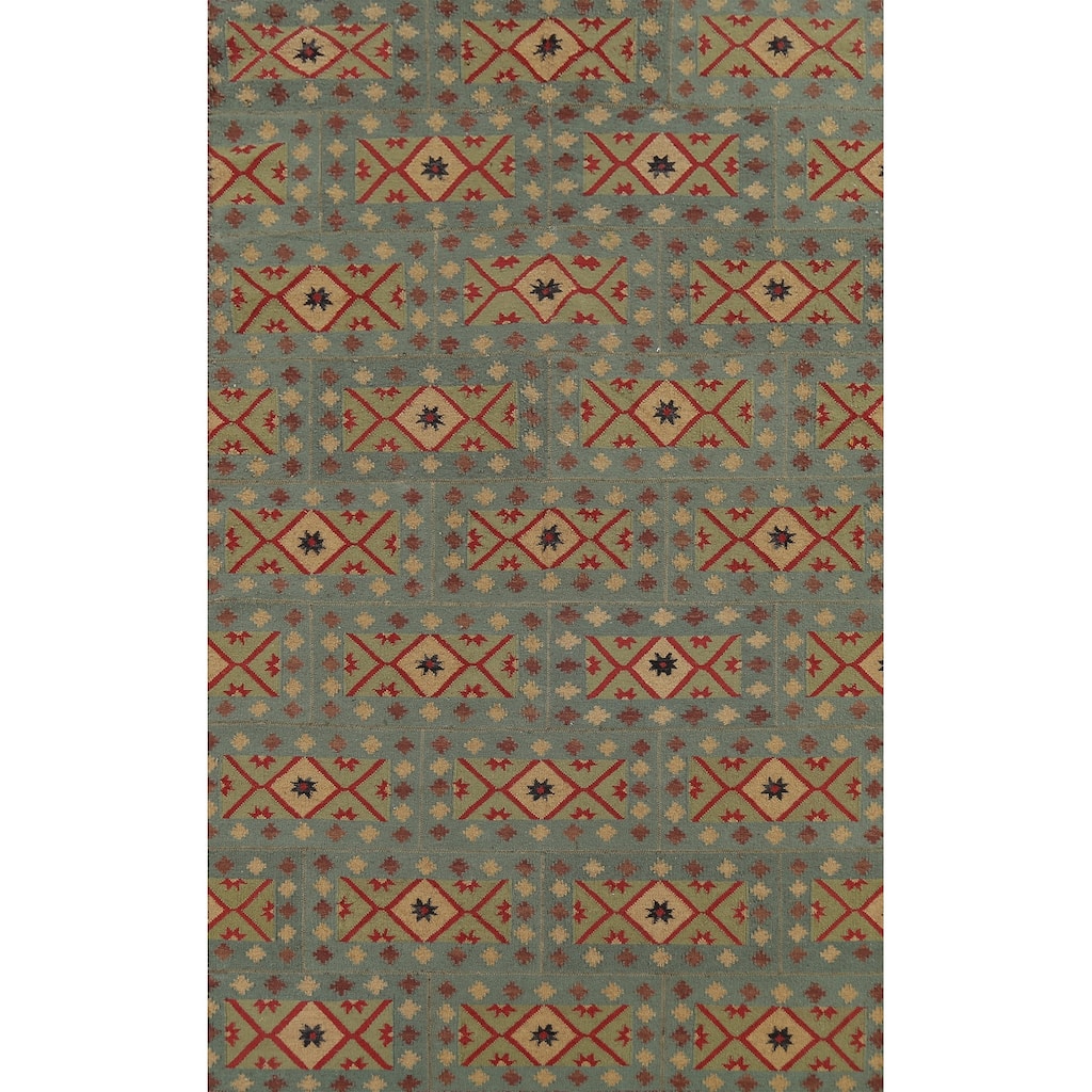 Geometric Kilim Oriental Area Rug Flatweave Green Wool Carpet - 5'7"x 9'0"