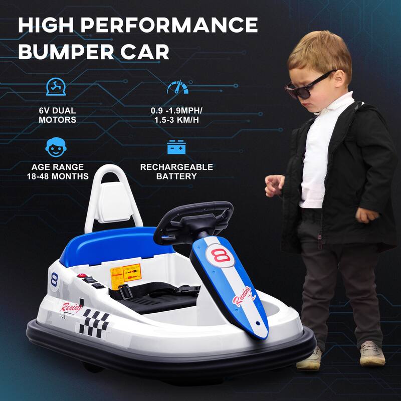 360 Degree Rotating Bumper Car with Built-in Music, White Motor Vehicle Toy with LED Lights, Kids Kart with Horn