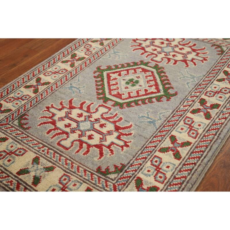 Gray Geometric Kazak Accent Foyer Rug Hand-Knotted Wool Carpet - 2'0"x 3'0"