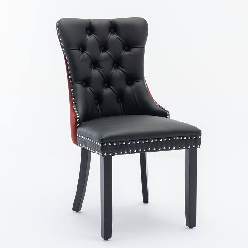 2PCS PU and Velvet Dining Chair with Wood Legs