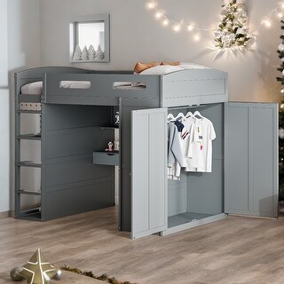 Grey Full Size Loft Bed with Desk, Wardrobes, 4 Drawers and Shelves