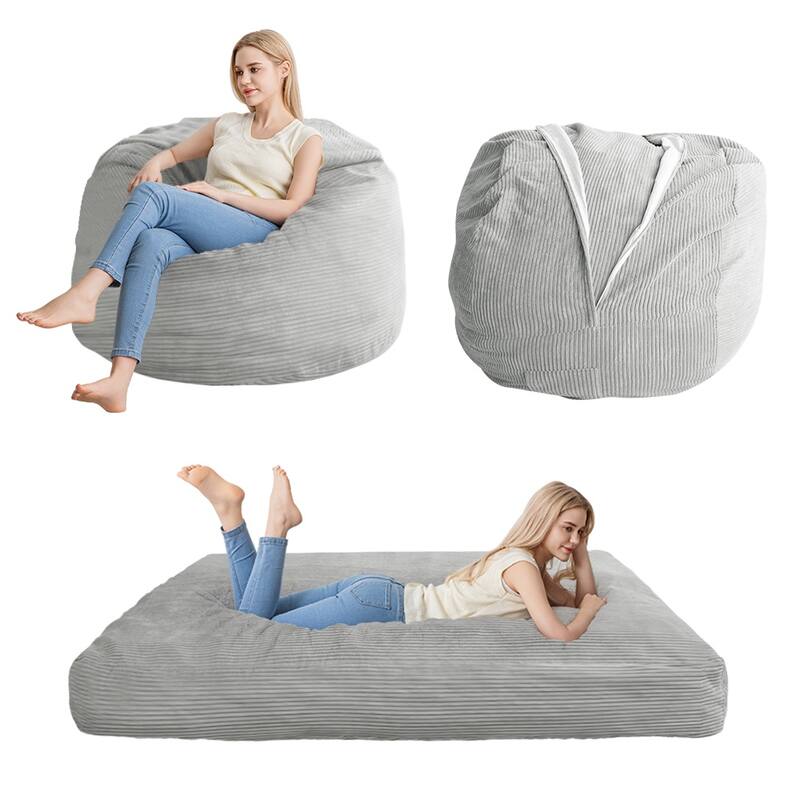 Giant Bean Bag, Corduroy Convertible Beanbag Folds from Lazy Chair to Floor Mattress Bed - Grey - Medium