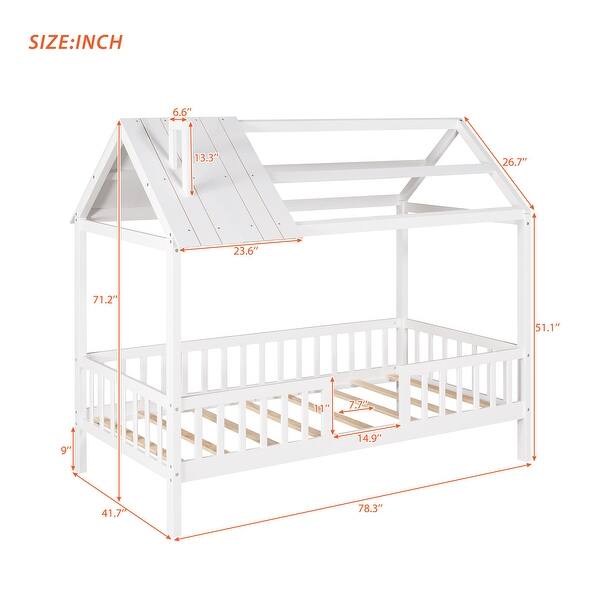 dimension image slide 1 of 3, Twin House Bed with Chimney, Roof, and Fence, Playhouse Style