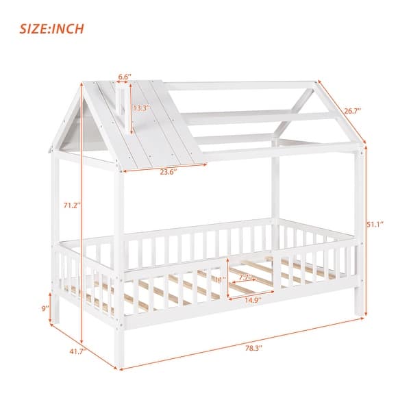 dimension image slide 0 of 3, Twin Size House Bed, Wood Platform Bed Frame with Fence, Montessori Bed with Wood Slats Support for Kids Teens Girls Boys