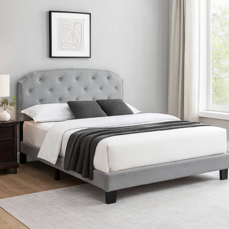 Twin Bed with Button Tufted Scalloped Headboard, Light Gray