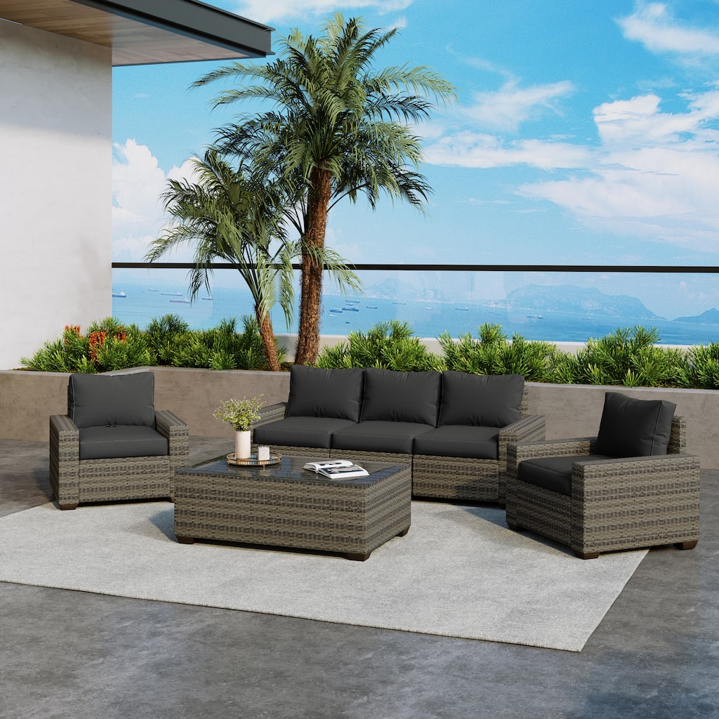 6-Piece Outdoor Wicker Sectional Sofa Set With Cushions And Coffee Table