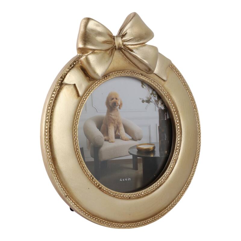 Gold 4x4 in. Polyresin Glam Round Photo Frame with Bow