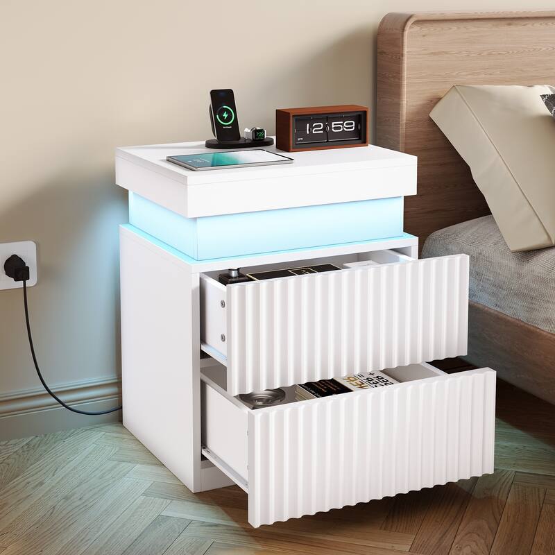 JASIWAY LED Night Stand Bedside Table with Charging Station- Set of 2 - White