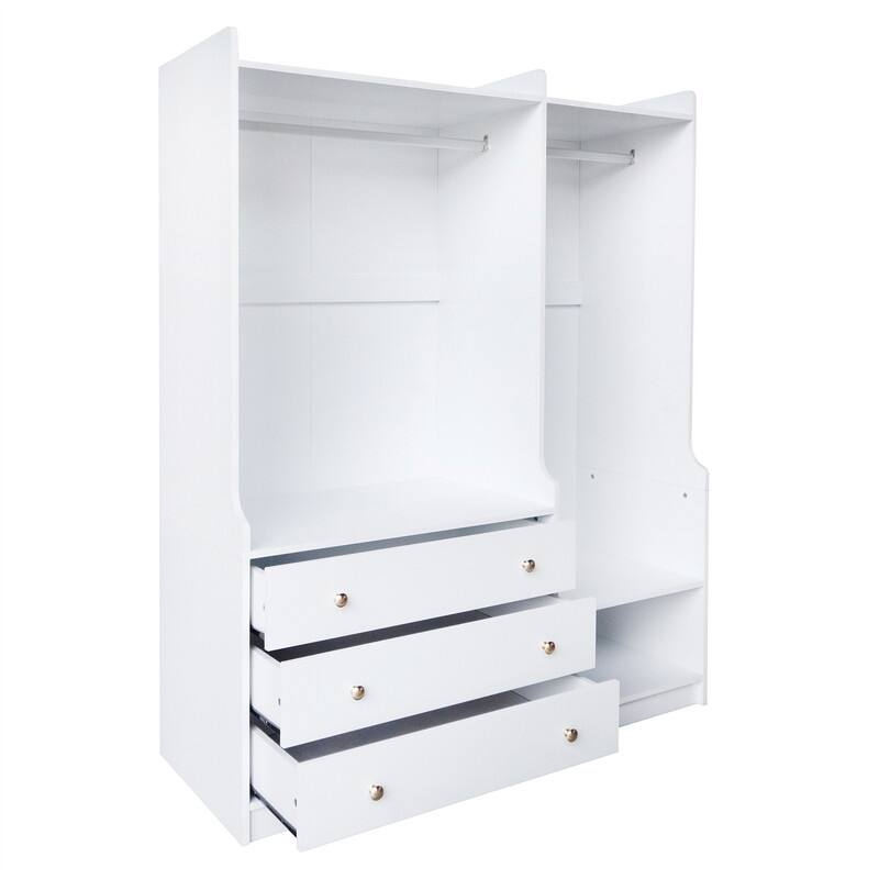 Open Style Wardrobe Closet with 3 Large Storage Drawers and Hanging Rods, Modern Armoire Clothing Organizer with Storage Shelves