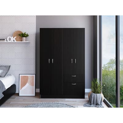 TUHOME Vaupes Armoire with 2 Double Door Cabinets, Drawer, 5 Interior Shelves, Rod, and Pull Down Cabinet - N/A