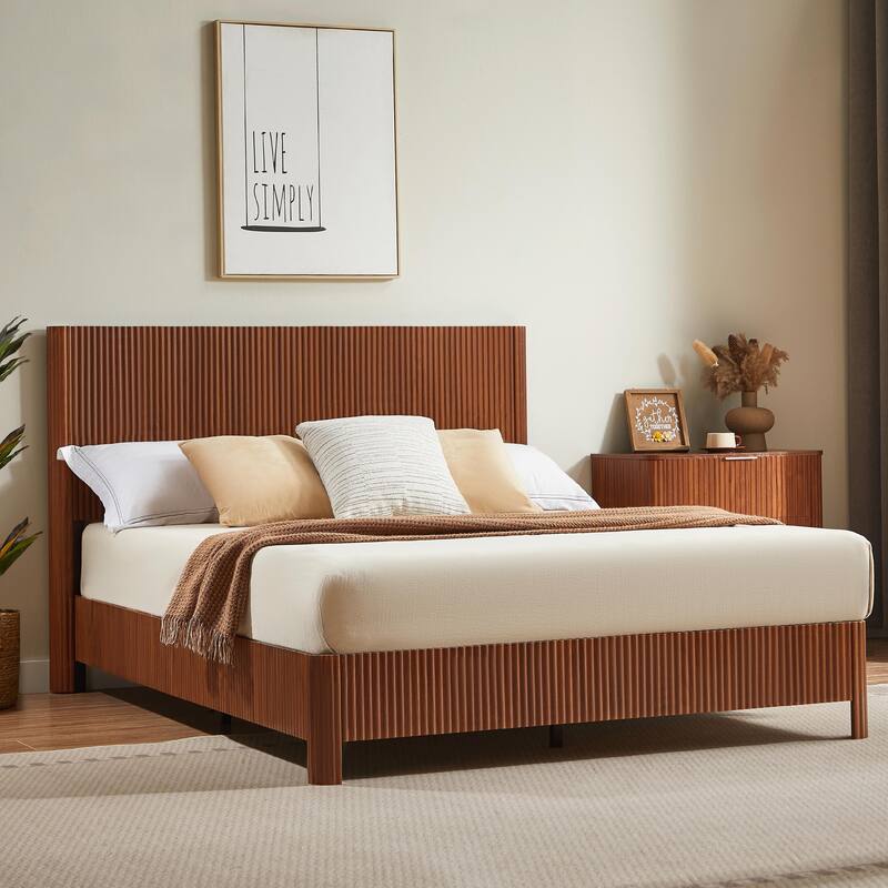 Queen Size Wooden Bed Frame with Corrugated Curved Lines - No Box Spring Needed