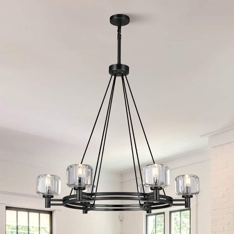 KAYLA 36 in. 6-Light Gold Farmhouse Wagon Wheel Chandelier with Crystal Lampshade - 36in 6-Light - Black