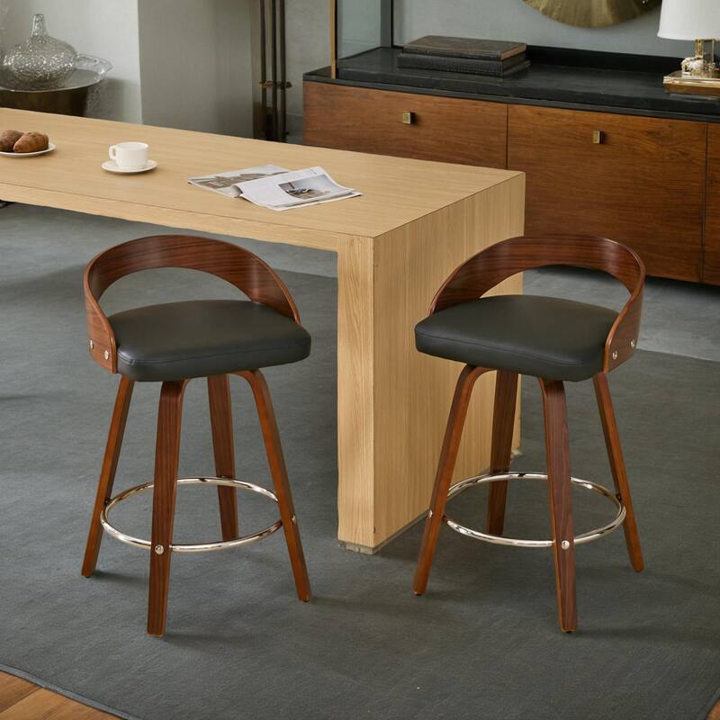 Bar Stools Set of 2, Swivel Bar Height Stools with Low Back, Wood Bar Chairs with Soft Cushion Seat, 25-Inch Seat Height - Black