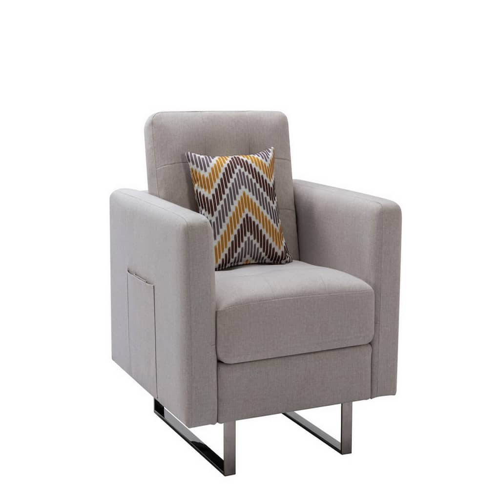Lewa 34 inch Modern Accent Armchair, Silver Metal Legs, Tufted Seat, Beige