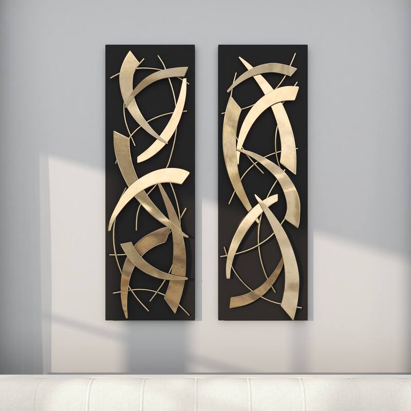 Gold Metal Dimensional Abstract Wall Decor with Black or White Wood Backing (Set of 2)