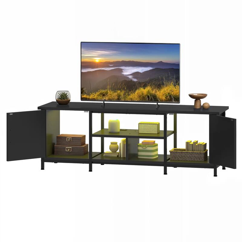 Moasis Farmhouse TV Stand with LED & Charging, Storage Cabinet and Shelves for TVs up to 70", Black - Black
