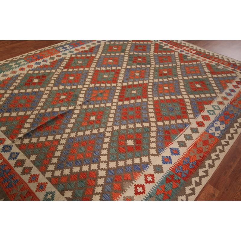 Reversible Geometric Kilim Area Rug Hand-Woven Wool Carpet - 8'2" x 10'5"