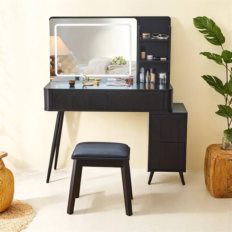 Makeup Vanity Desk w/LED Lights,4 Drawer Dressing Table Set with Stool