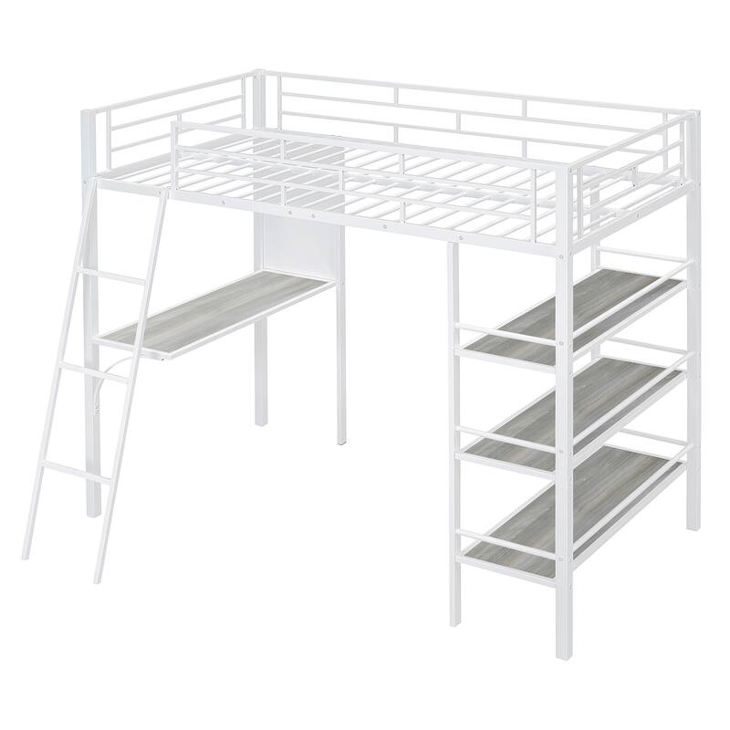 Stylish Loft Metal Bed with 3-Layer Shelves, Built-in Desk & Whiteboard - Modern Frame Design