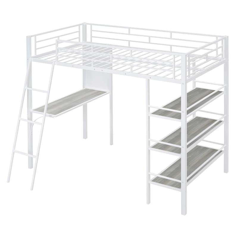 Twin Loft Bed with Shelves, Desk, and Whiteboard, a Stylish and Functional Bedroom Centerpiece