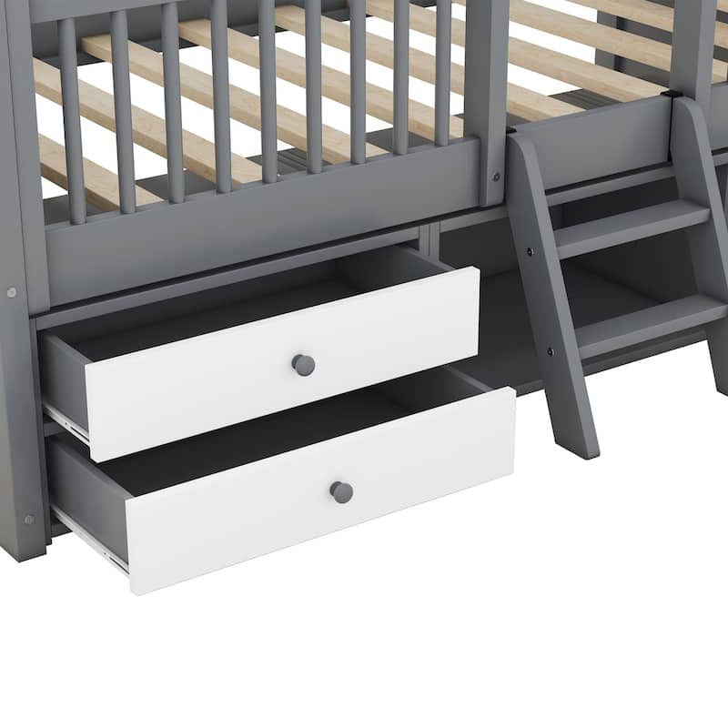 Twin/Full Size Wooden House Bed Frame with Skylight Roof, Drawers, Shelves and Ladder