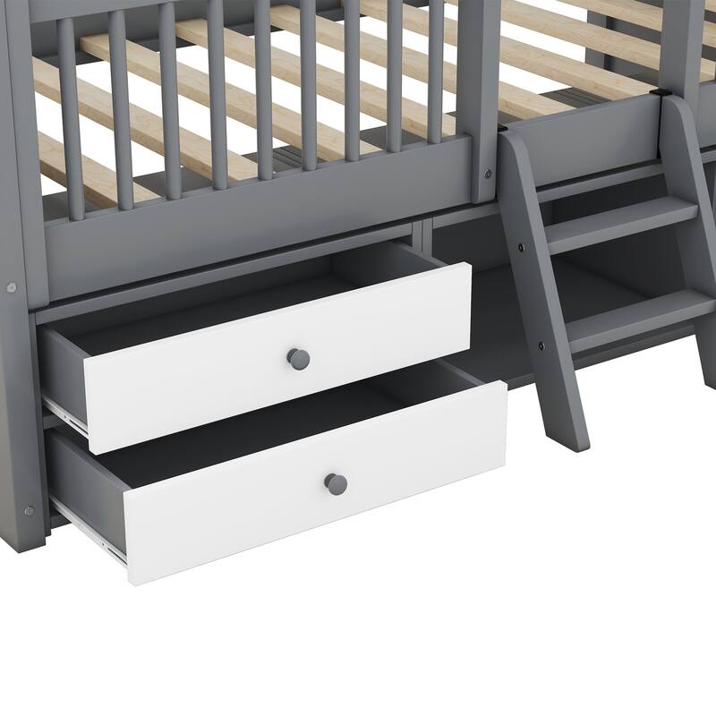 Twin Size Wooden House Bed with Roof Skylights, Ladder, 4 Drawers, Shelves, Fence and Solid Wood Frame, for Kids Ages 6+