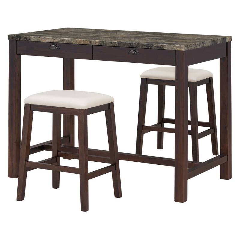 Modern Faux Marble Bar Table Set with Storage & Stools