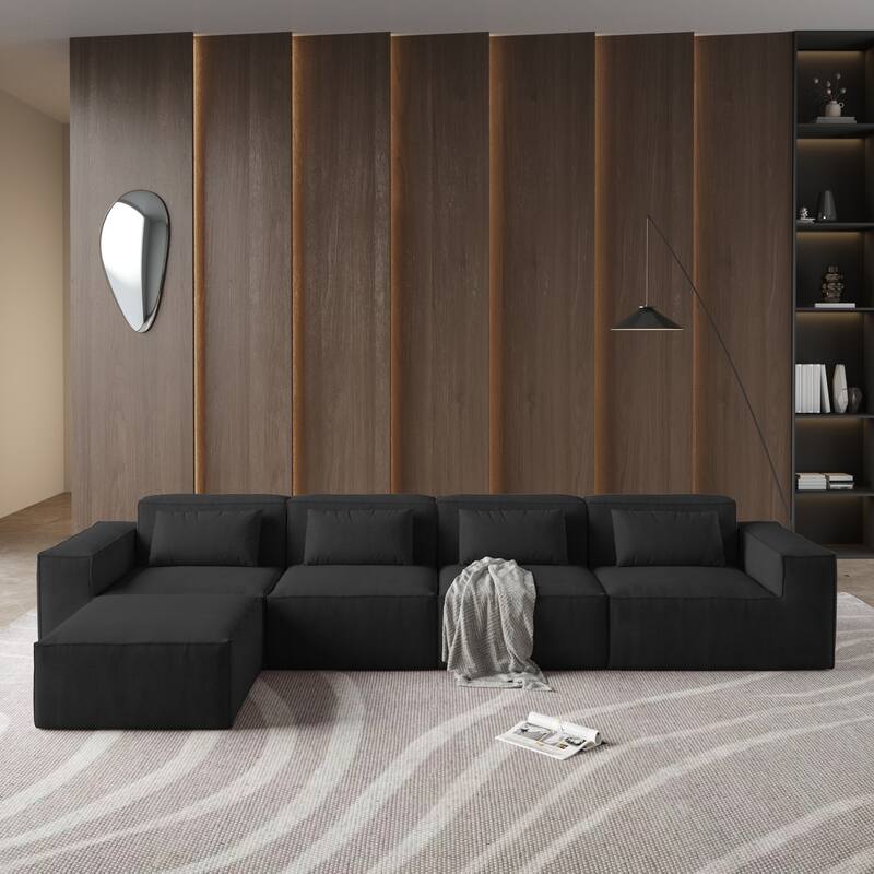 5-Seat L-Shape Modular Sectional Corduroy Sofa Multiple Cushions - Black