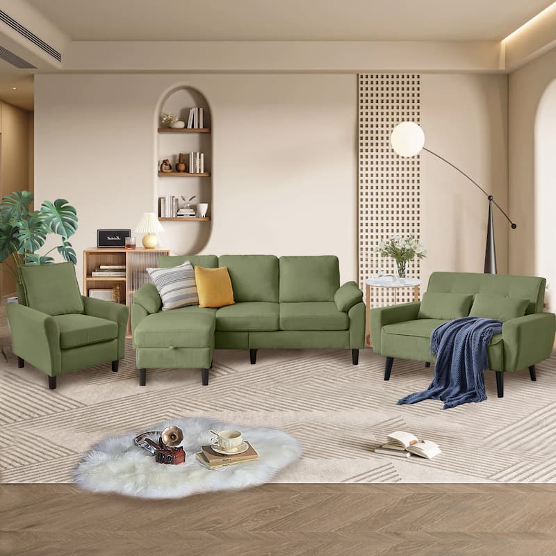 4-Piece Corduroy Living Room Sectional Sofa Set with Loveseat and Chair