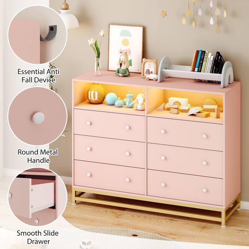 6-Drawer Double Dresser for Bedroom, Wooden TV Stand with LED Lights & Power Outlet, Storage Cabinet for Closet