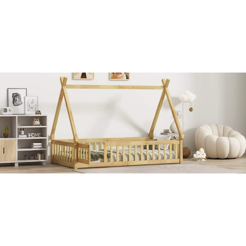 Roomfitters Twin/Full Tent-Shaped Floor Bed with Teepee Frame, Rubber Wood Platform with Guardrails, Slats and Door