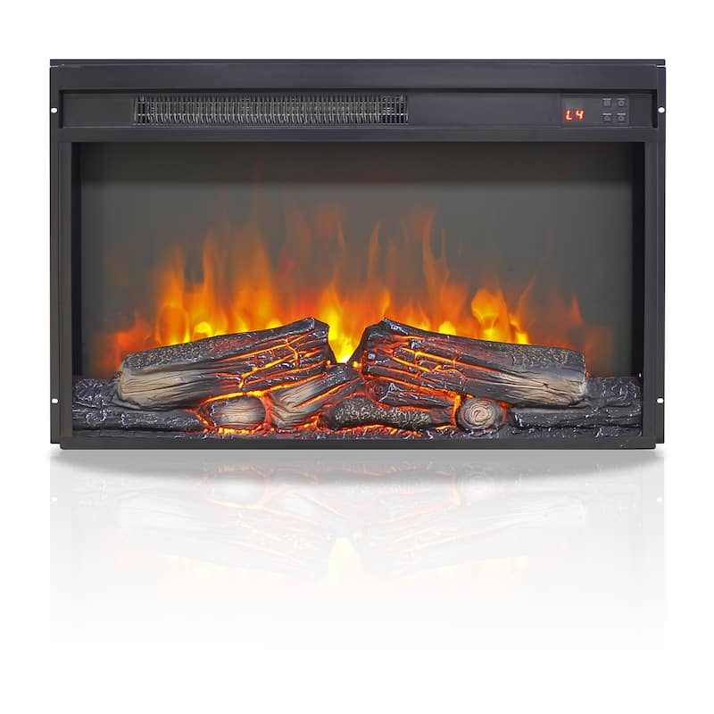 26 inch electric fireplace insert, ultra thin heater with log set & realistic flame, remote control with timer