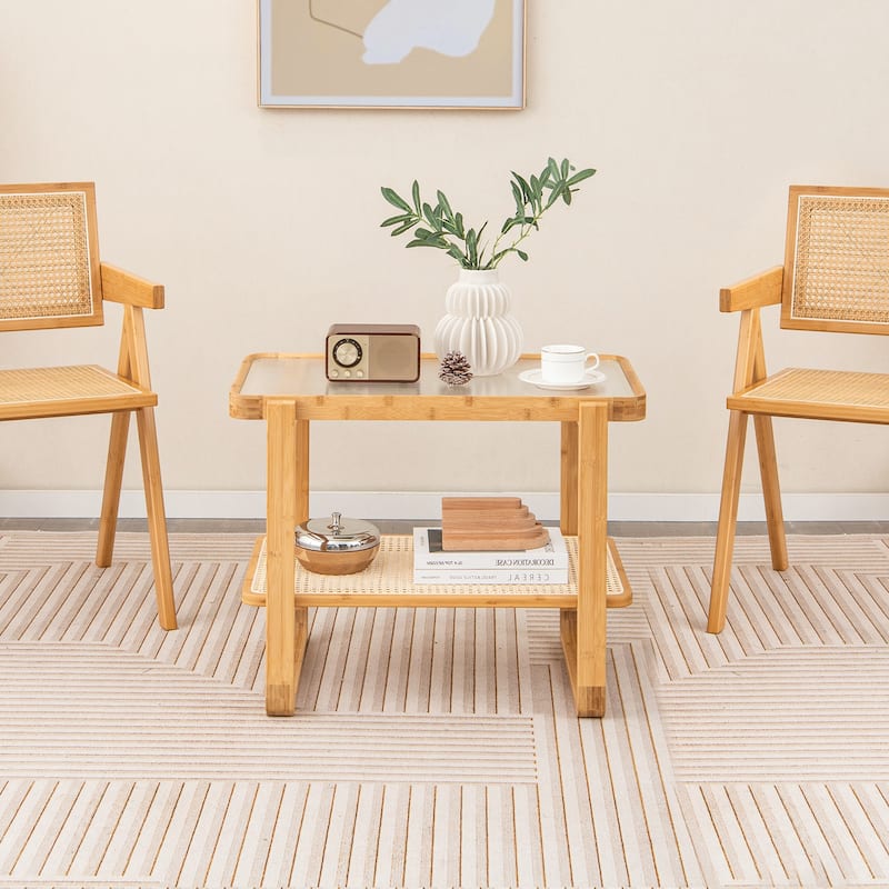 2-tier Wicker Side Table with Glass Top-Natural - 28" x 17.5" x 21.5"