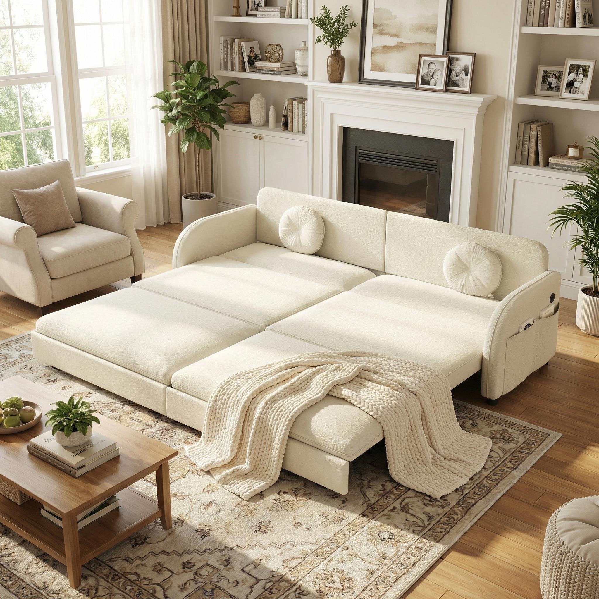 Homy Casa 3-in-1 Convertible Sleeper Sofa Bed, Pull-Out Couch w/ USB, Side Pocket & 4 Pillows, Chenille, 2/3/4-Seat - 3 Seat
