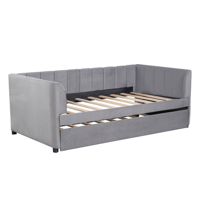 Twin Size Upholstered Daybed with Ergonomic Design Backrest and Trundle