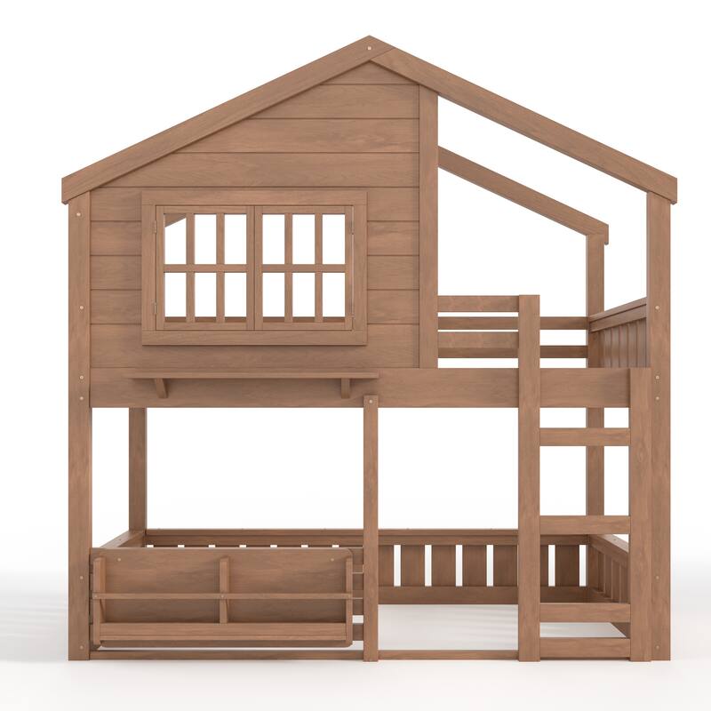 Full/Twin Bunk Bed with Bookshelf, House Design Loft Bed with Safety Fencing, High-Quality Kids Bed Frame