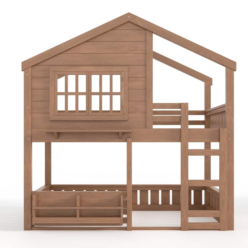 Twin Size Bunk Bed/Loft Bed with Bookshelf, House Design, High-Quality Safety Fencing, Natural