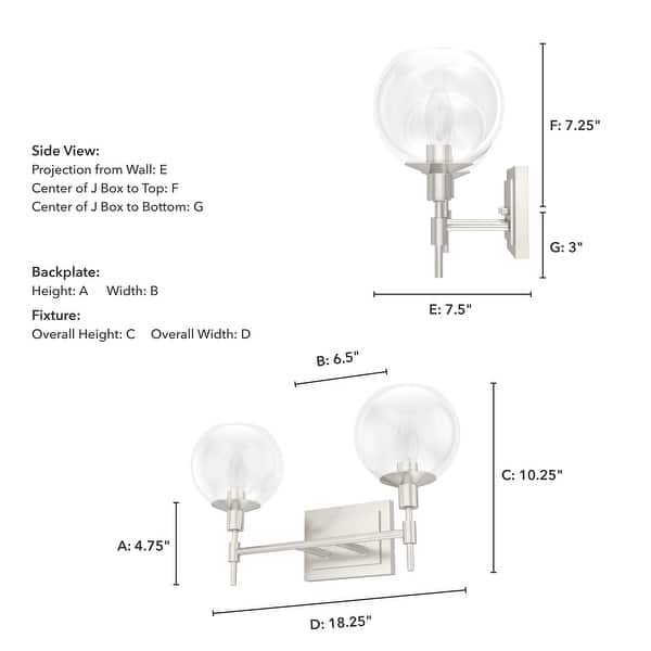 dimension image slide 3 of 7, Hunter Xidane Vanity Wall Light - Bathroom, Mid Century Modern, Glam - Clear glass