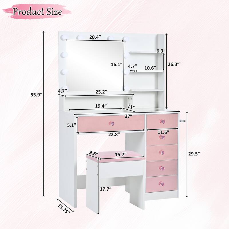 Hollywood Vanity Desk with 9 Bulbs, 3 Lighting Modes & Pink Storage