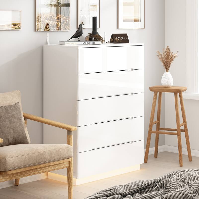 31.5" High Gloss Chest With Light Chest w/5 Drawers&Spacious Tabletop - White