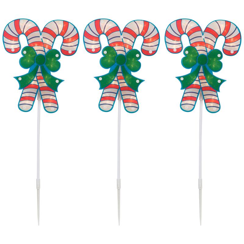 Set of 3 Lighted Holographic Cy Cane Christmas Pathway Markers 25.5" - Red