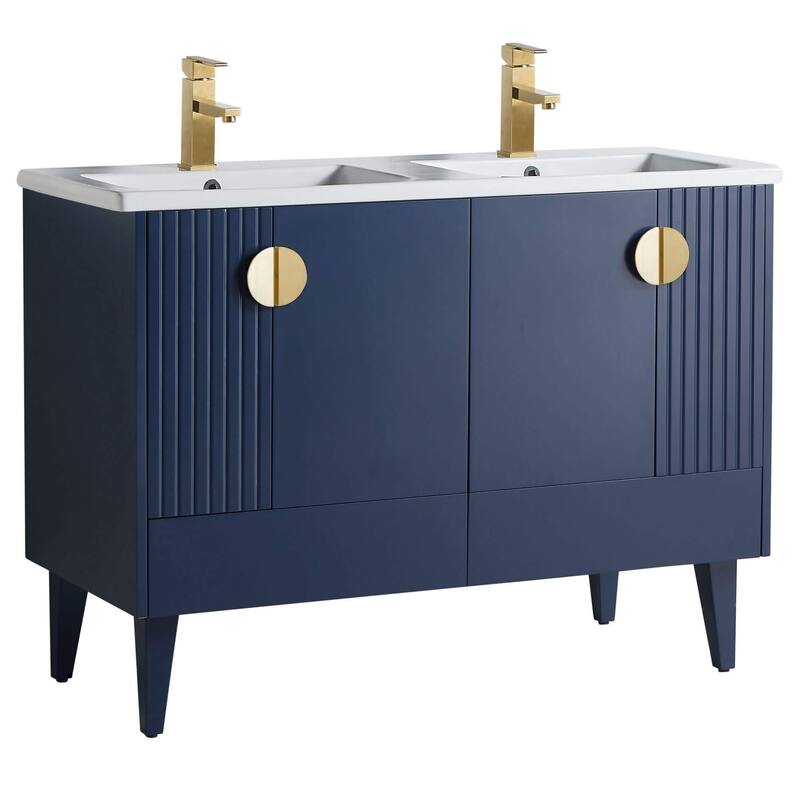 Venezian 48-inch Bathroom Vanity Set - Two Sinks - Navy Blue - Satin Brass Handles