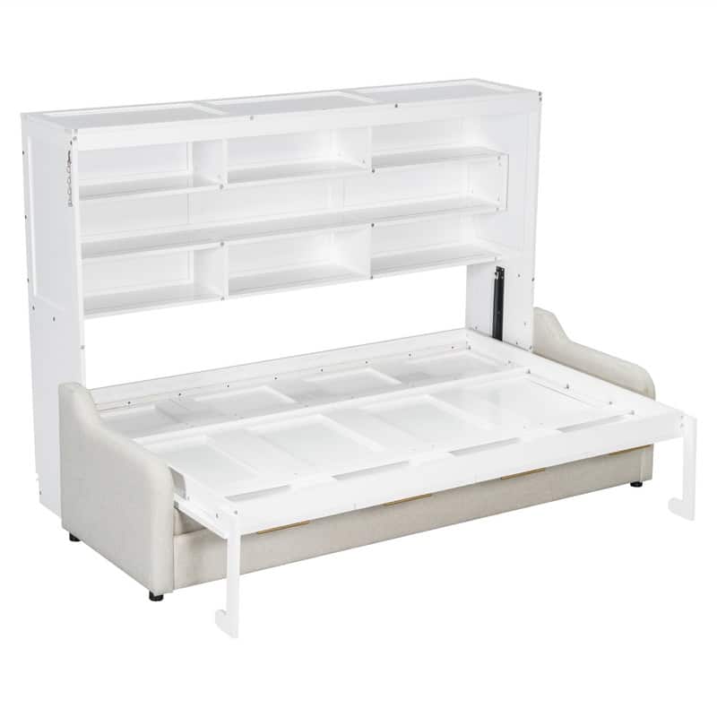 Full/Queen Size Murphy Wall Bed with LED Light and Folding Sofa, Space Saving Design Murphy Cbainet Bed wiht Storage Shelves