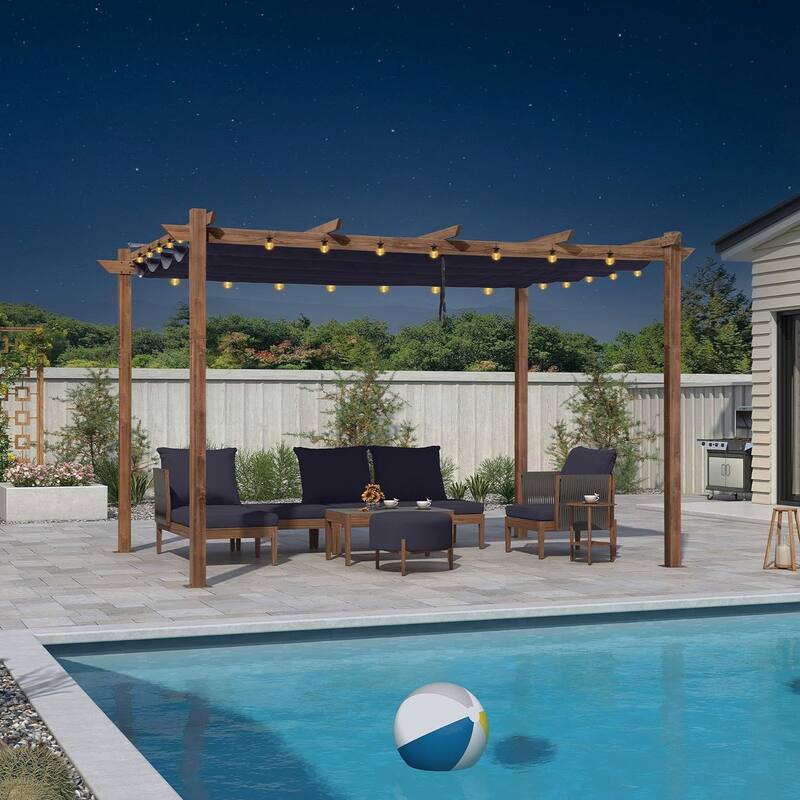 PURPLE LEAF Gazebo Wood Grain Metal Frame Pergola with Extra Top Roof for Patio