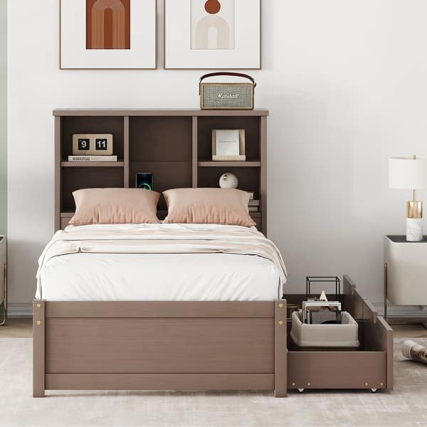 slide 2 of 43, Twin Size Platform Bed Heavy Duty Wood Platform Bed with Bookcase Headboard and 2 Drawers, Built-in USB Port for Bedroom Walnut - Twin