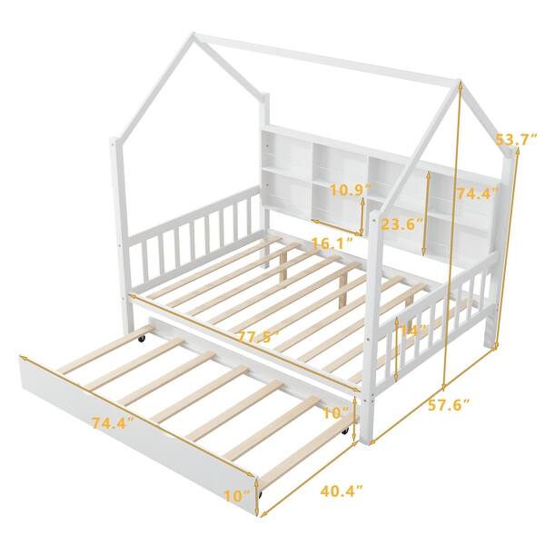 dimension image slide 1 of 4, Wooden House Bed with Trundle and Shelf