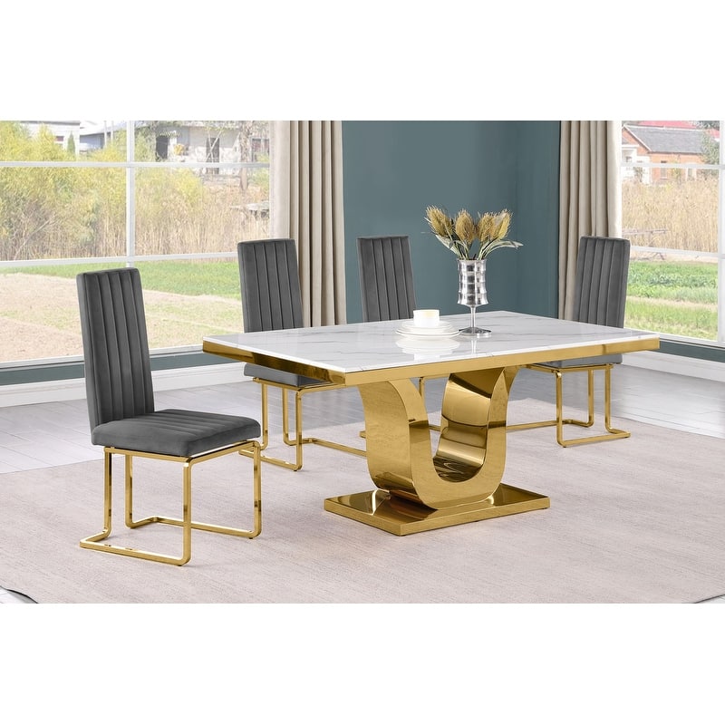 Best Quality Furniture D320-SC344-7 Dining Set with 66" White Marble Top - 5-Piece - Dark Grey / Gold
