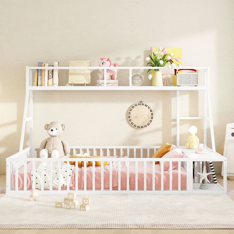 Kids Metal Floor Bed with Safety Fence, Full Size Montessori Bed with Storage and Desk, Play Space for Children