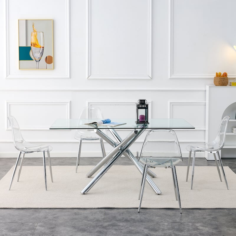 Roomfitters Transparent Plastic Dining Chairs with Silver Metal Legs, Armless Crystal Style Makeup or Office Set of 6