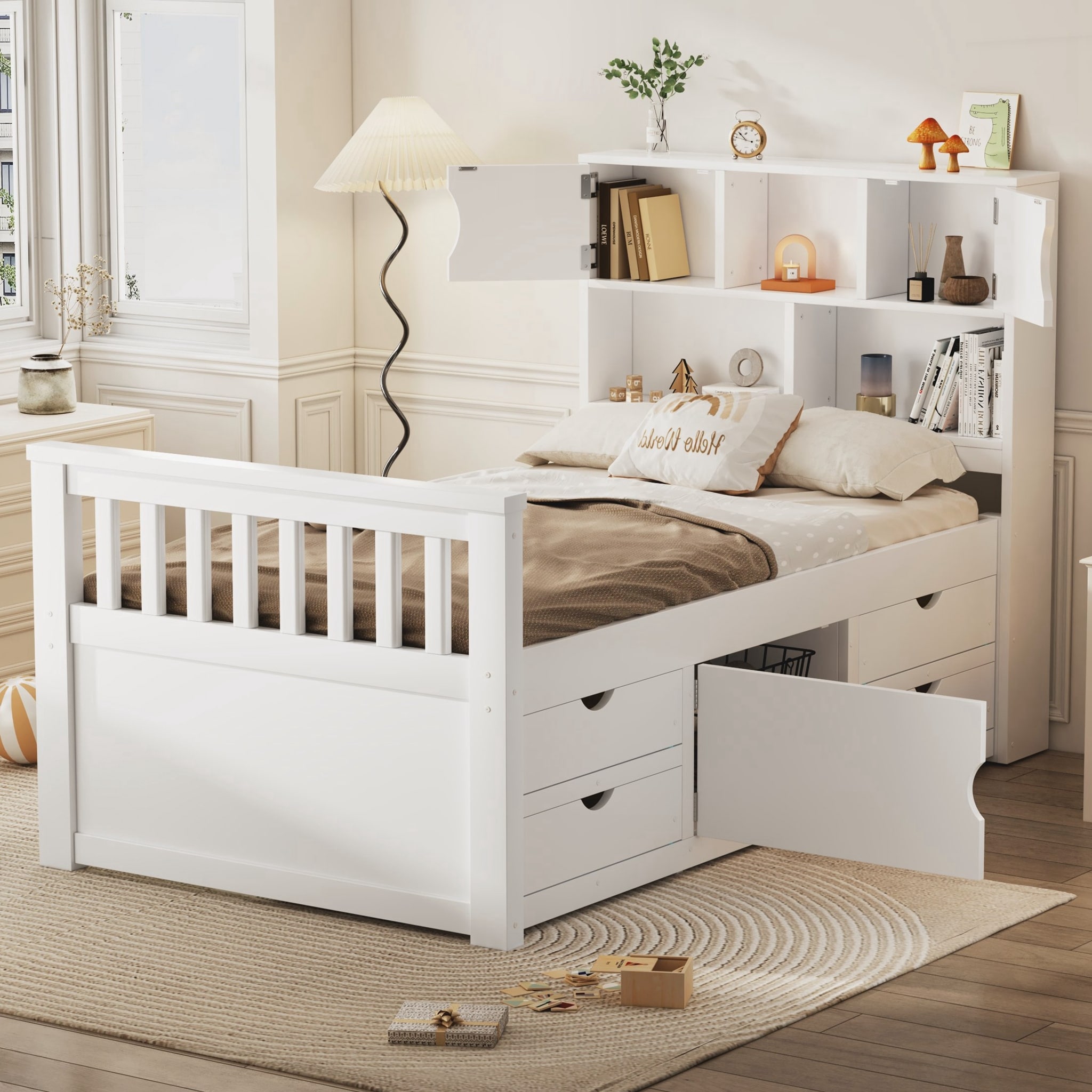Twin Size Captain Platform Bed Frame with Storage Bookcases and Shelves